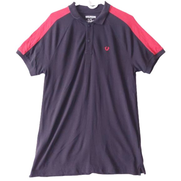 True Religion SS Raglan Black and Red Short Sleeve Polo Men's Sz M - Picture 1 of 13